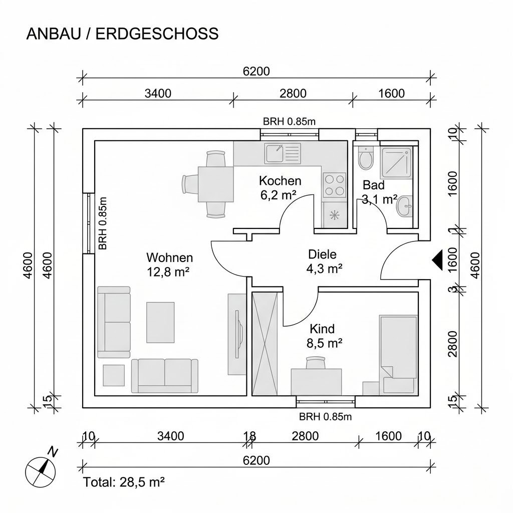 Grundriss Anbau Cube 28 von Conliving — 28 m², 1 Zimmer