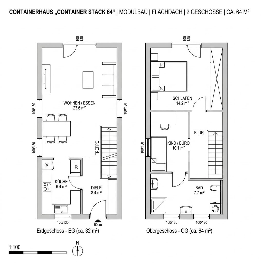 Grundriss Container Stack 64 von Conliving — 64 m², 3 Zimmer