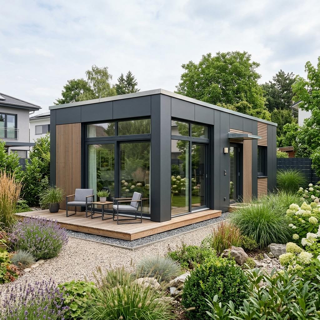 Anbau Anbau Container 30 von Rospen — Stahl-Raummodul zur Hauserweiterung mit Flachdach und 30 m²