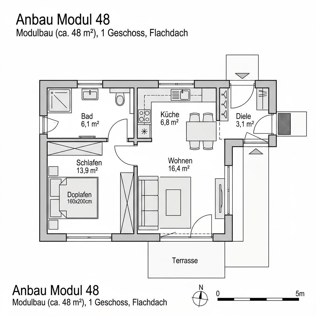 Grundriss Anbau Modul 48 von Containerwerk — 48 m², 2 Zimmer
