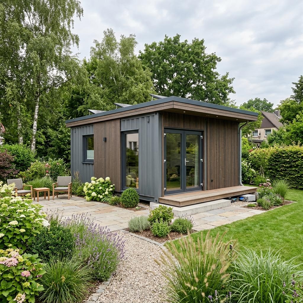 Containerhaus Containerhaus garden 22 von Rospen — kompaktes Stahlcontainer-Modul mit Flachdach und 22 m²