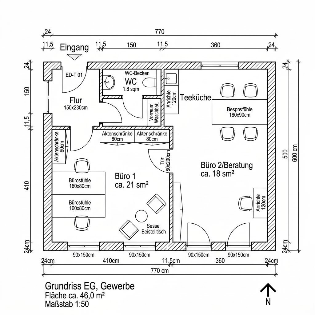 Grundriss Raummodul Büro Duo von Containerwerk — 46 m², 2 Zimmer