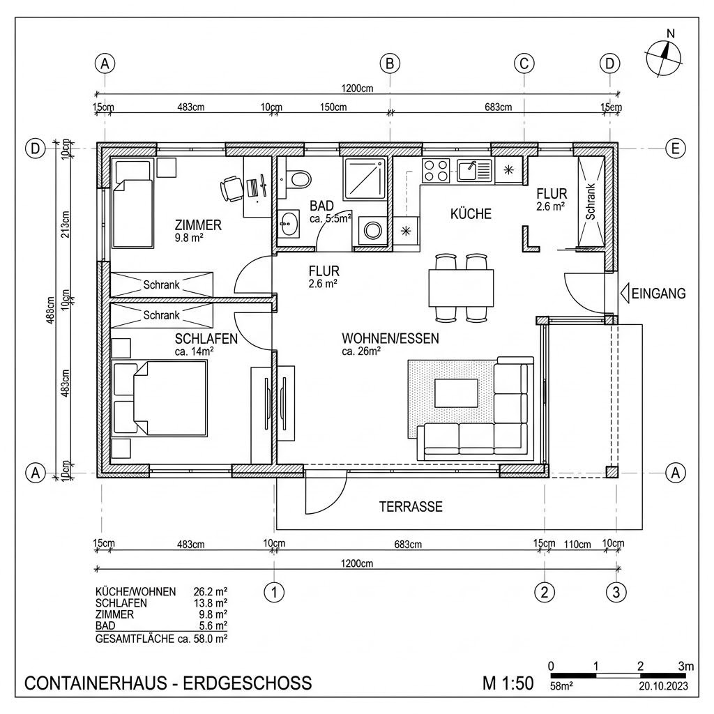 Grundriss Raummodul Wohnen Trio von Containerwerk — 58 m², 3 Zimmer