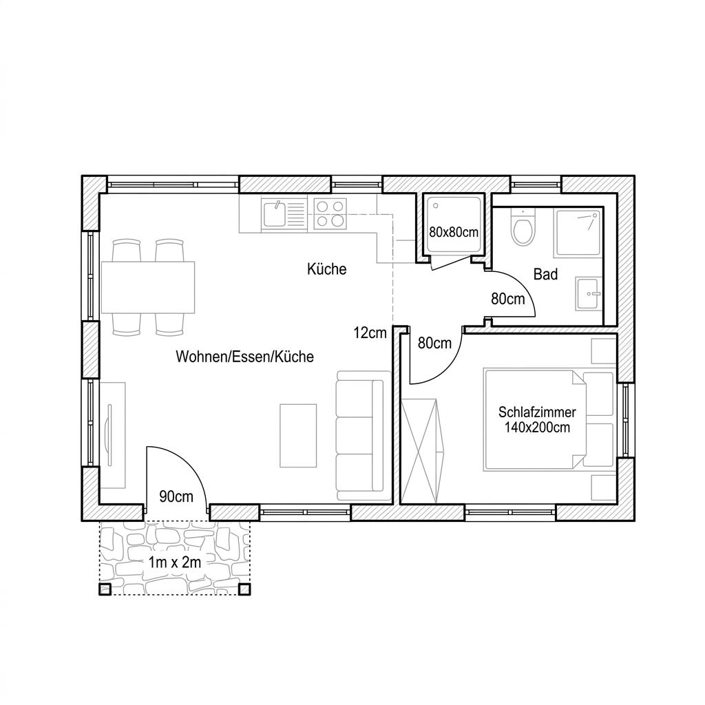 Grundriss Unit 33 – 33 m² Tiny House mit 2 Zimmern