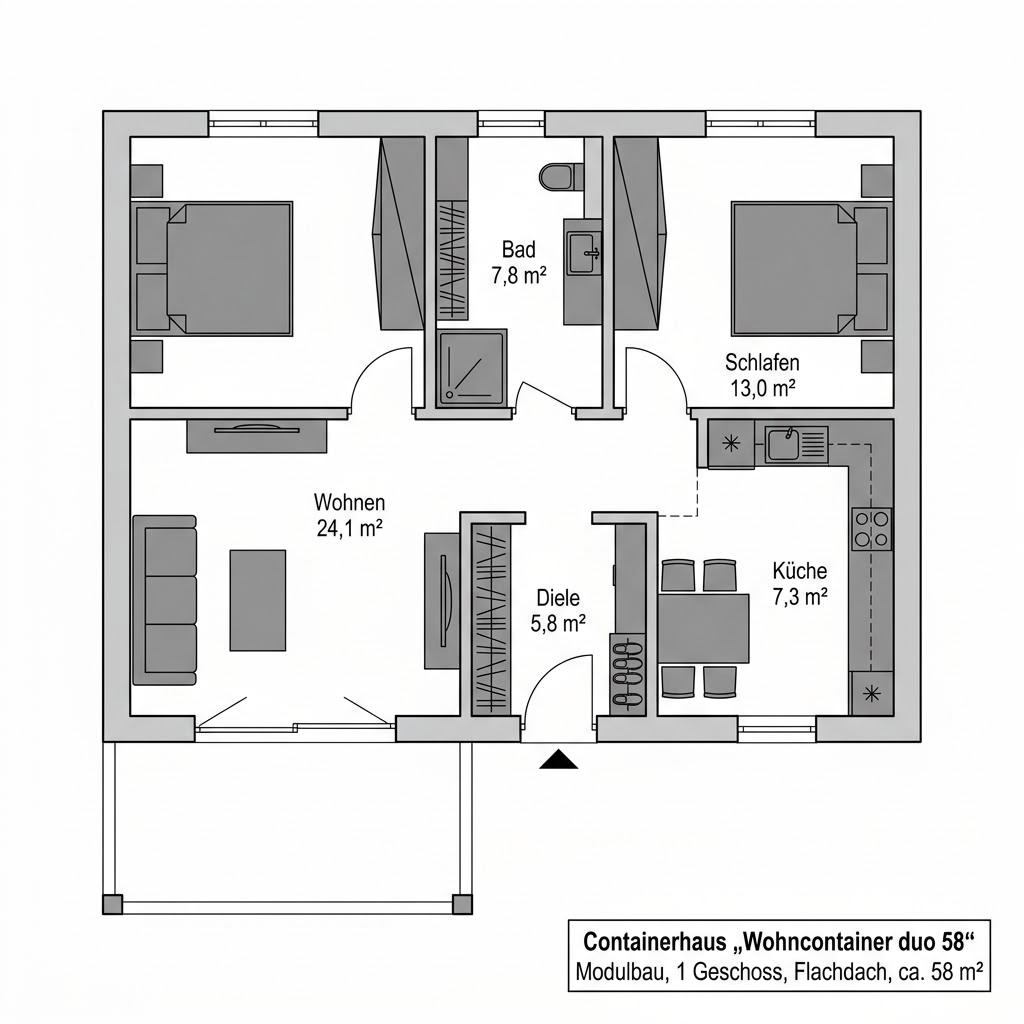 Grundriss Wohncontainer duo 58 von Containerwerk — 58 m², 3 Zimmer