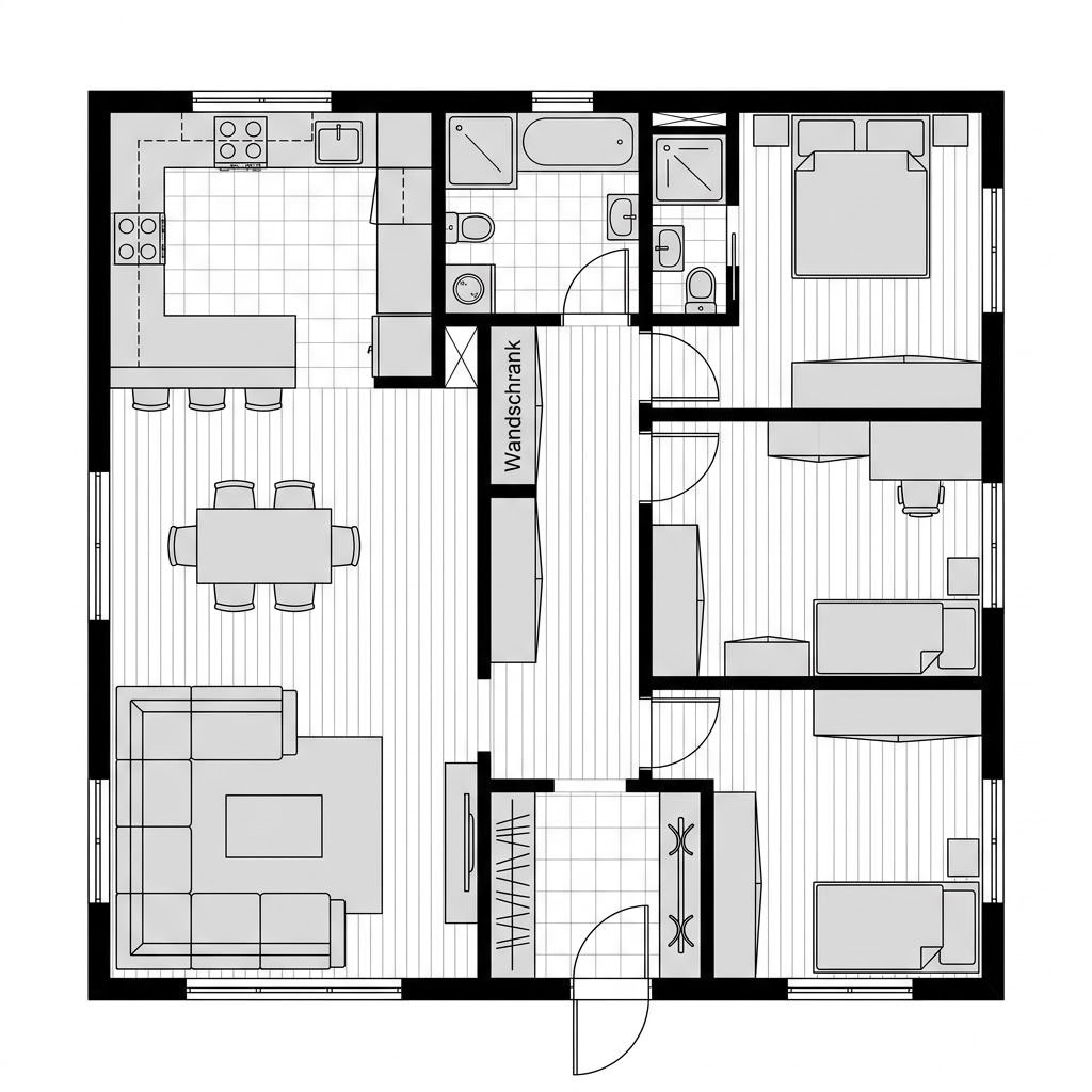 Grundriss Raummodul Wohnen Family – 90 m² Containerhaus mit 4 Zimmern