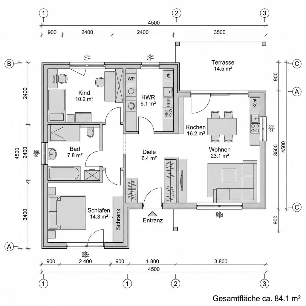 Grundriss Modulhaus Lyng 84 – 84 m² Modulhaus mit 3 Zimmern