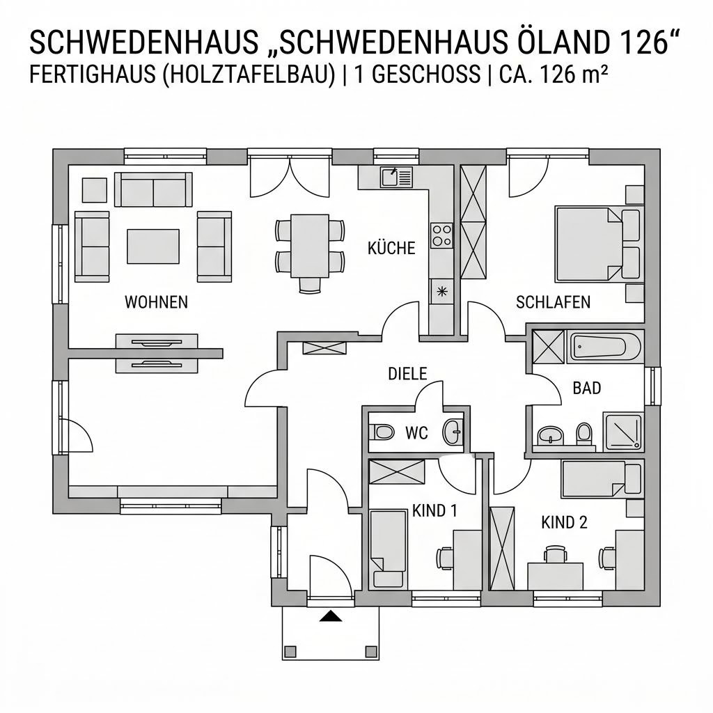 Grundriss Schwedenhaus Öland 126 von Danhaus Deutschland — 126 m², 4 Zimmer