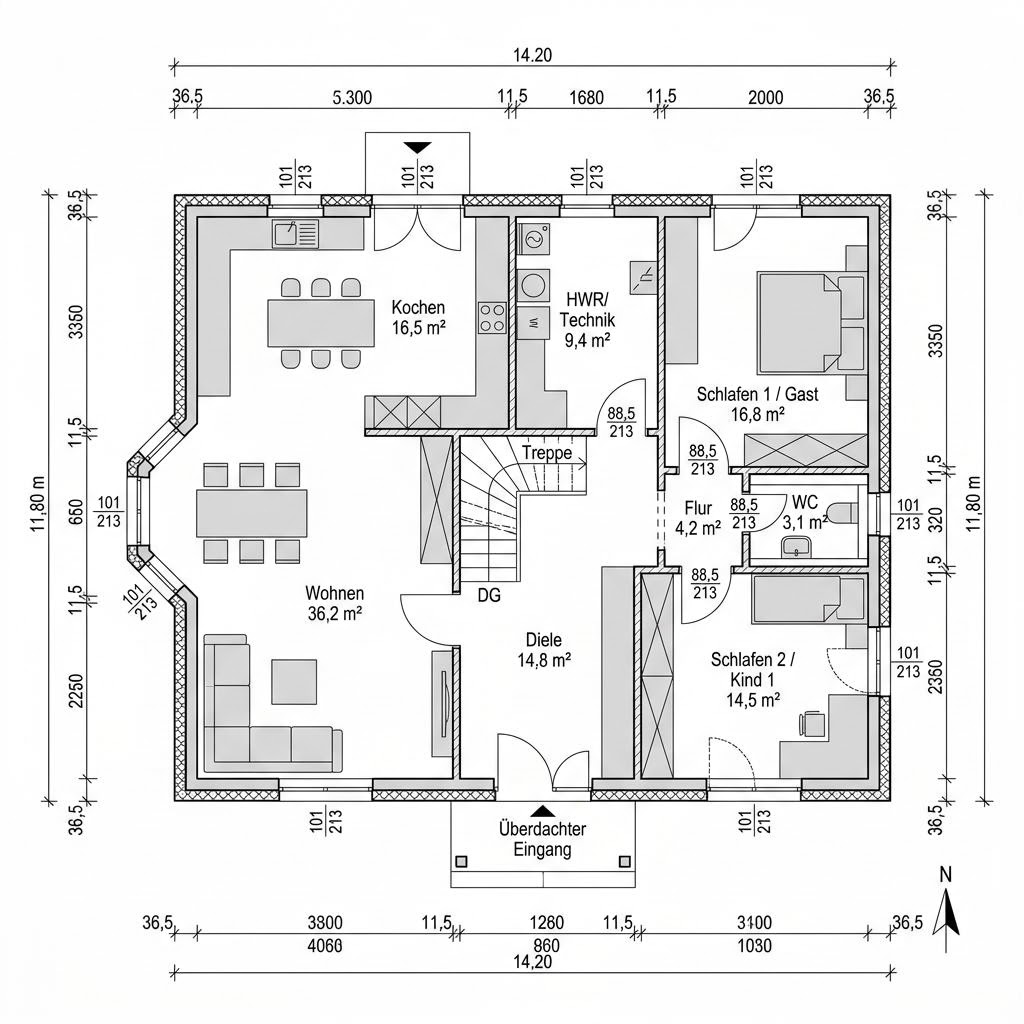 Grundriss Landhaus Point 146 – 146 m² Landhaus mit 5 Zimmern
