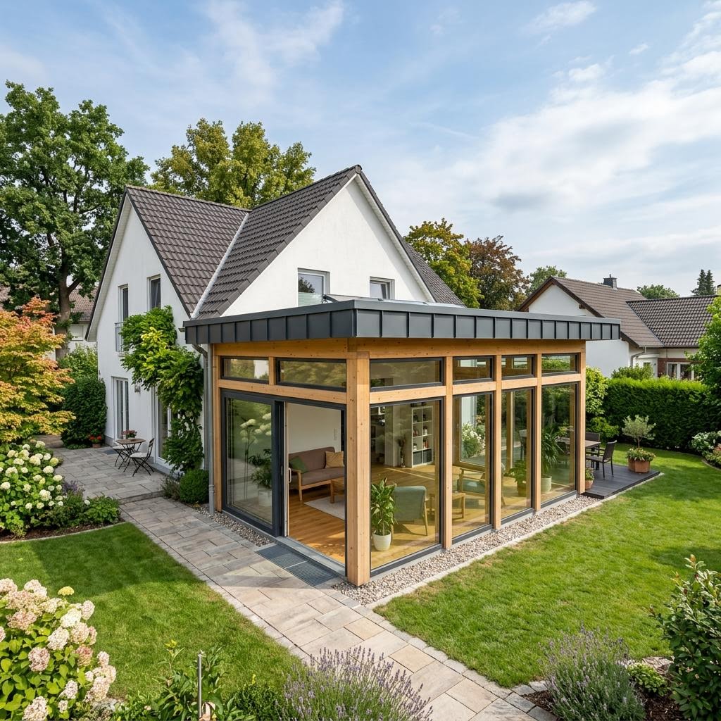 Anbau-Modul Anbau Glasmodul 58 von DAVINCI HAUS mit Flachdach — Fertighaus-Glasmodul mit 58 m²