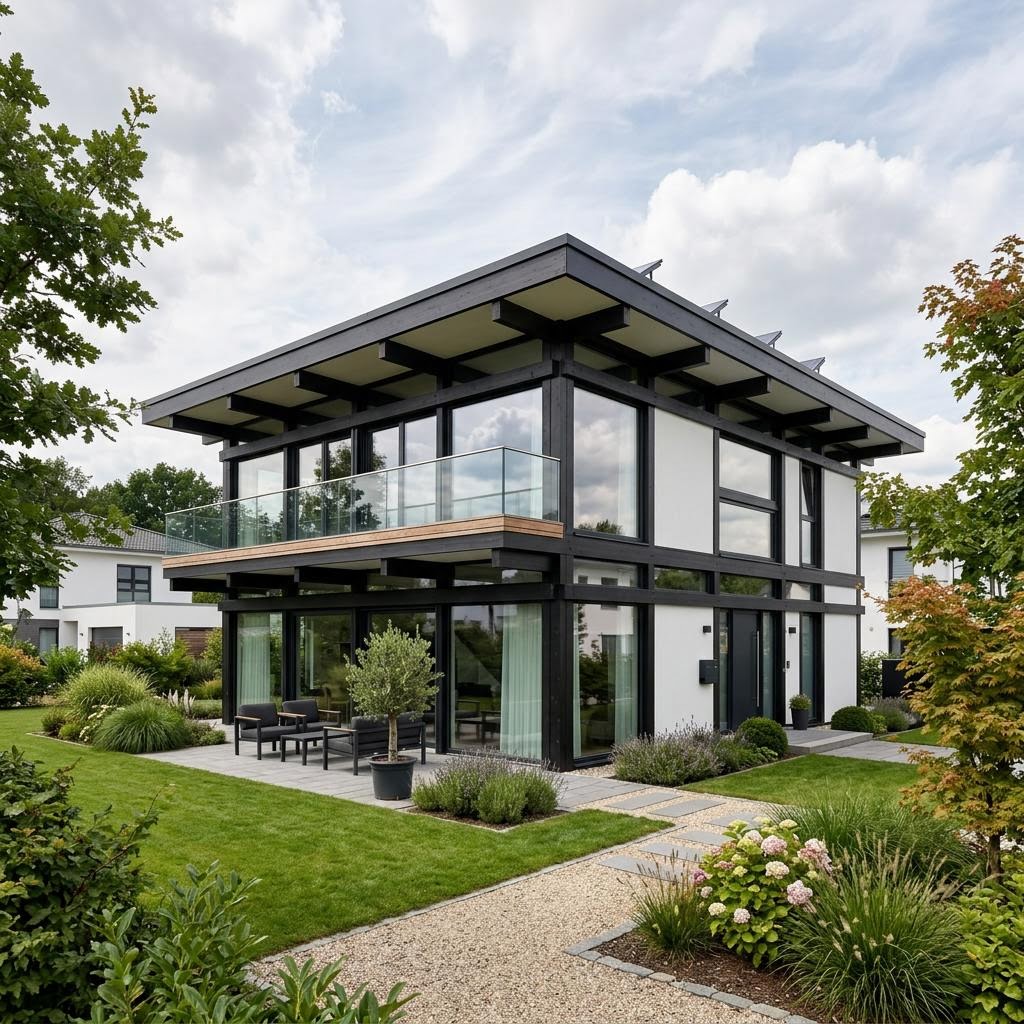 Flachdachhaus Flat Cube 180 von DAVINCI HAUS — Fachwerk-Glas-Konstruktion mit 180 m²