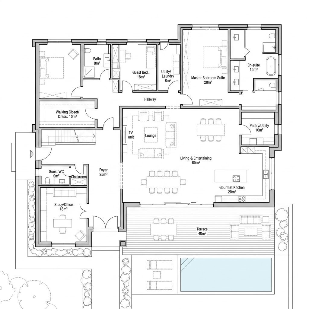 Grundriss Open Concept – 210 m² Luxusvilla & Designerhaus mit 5 Zimmern