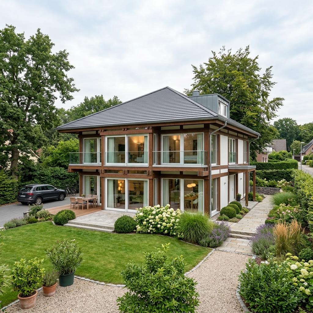 Stadtvilla Villa Cortina 185 von DAVINCI HAUS mit gläserner Wohnhalle und Fachwerk