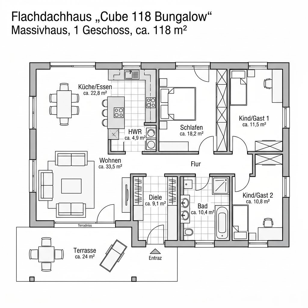 Grundriss Cube 118 Bungalow von Deutsche Neubau — 118 m², 4 Zimmer