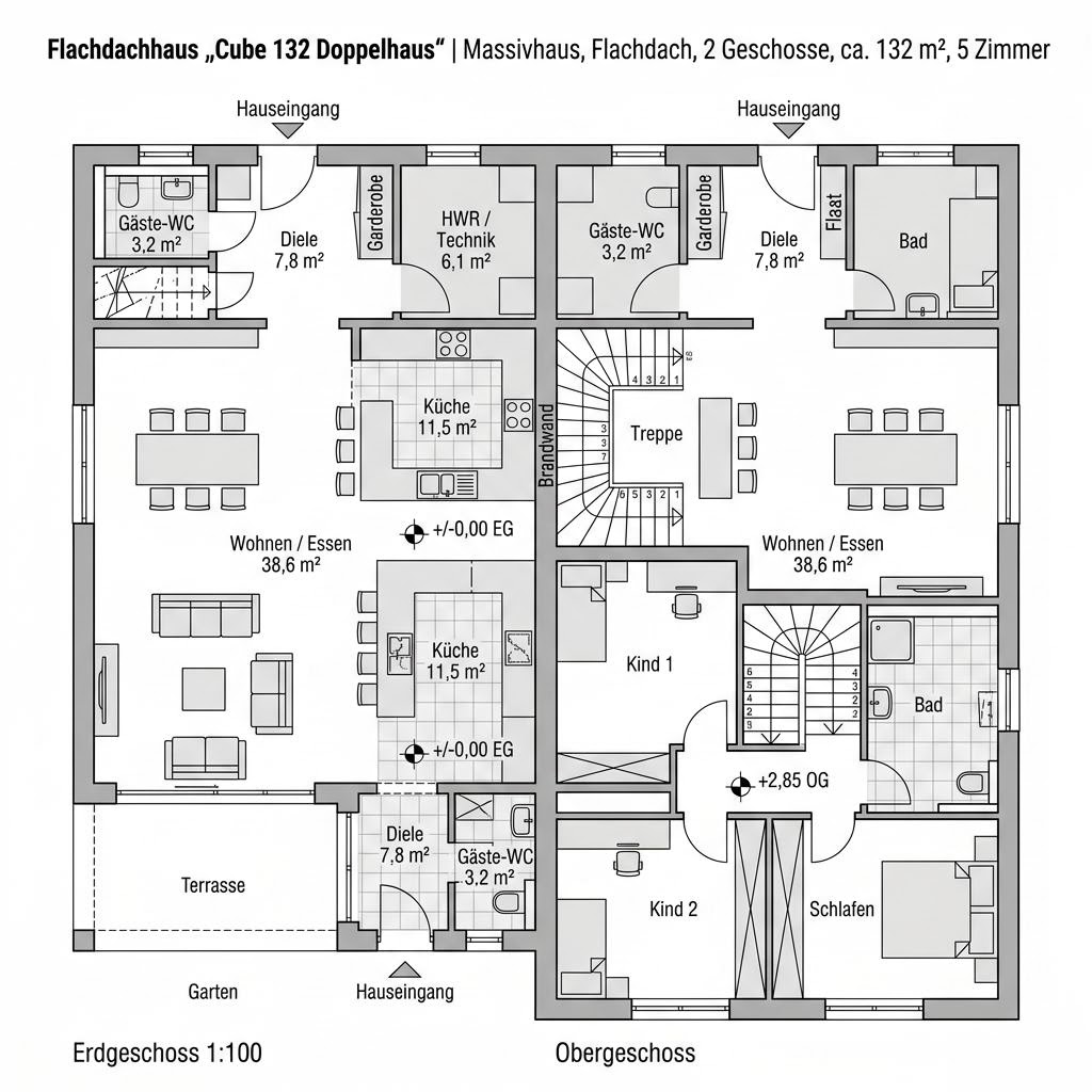 Grundriss Cube 132 Doppelhaus von Deutsche Neubau — 132 m², 5 Zimmer