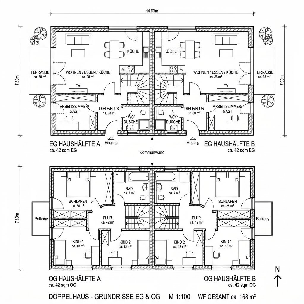 Grundriss Home 8 Doppelhaus von allkauf haus — 168 m², 6 Zimmer