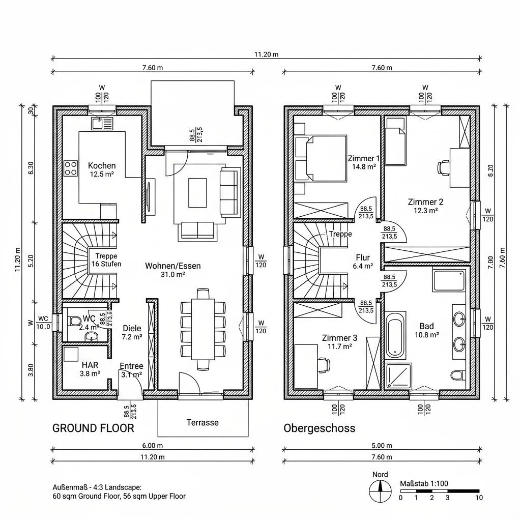 Grundriss Doppelhaus EVOLUTION 116 von Bien-Zenker — 116 m², 4 Zimmer