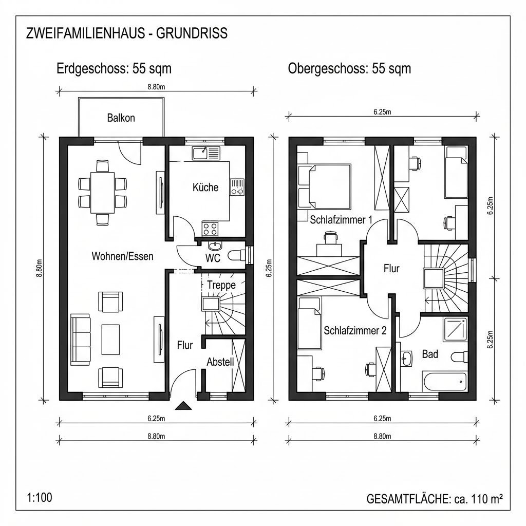 Grundriss Doppelhaus Kompakt 110 von Econ Das Haus — 110 m², 4 Zimmer