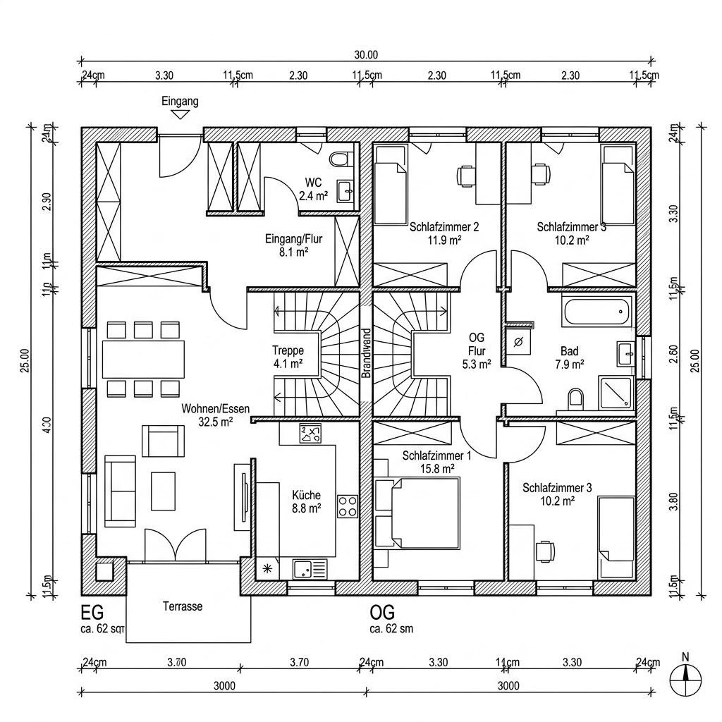 Grundriss Doppelhaus Kompakt 124 von Econ Das Haus — 124 m², 5 Zimmer