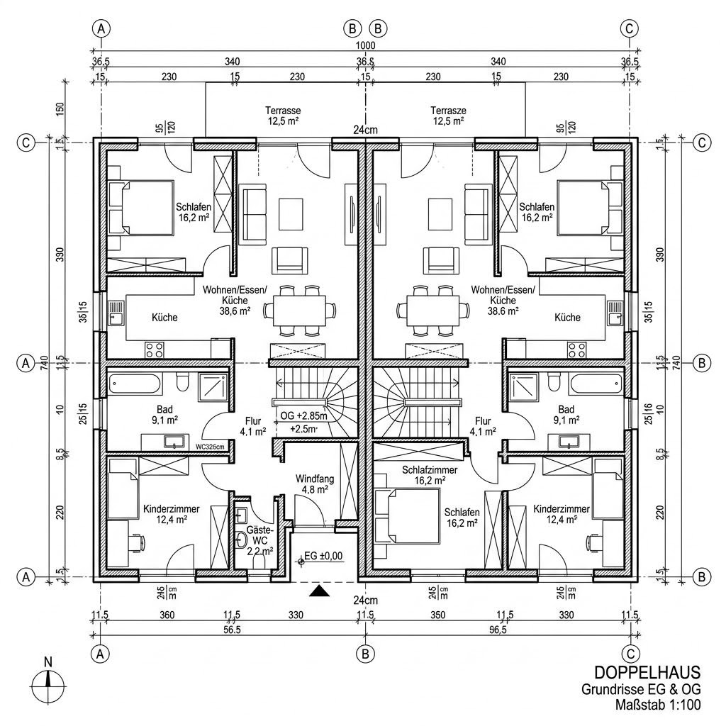 Grundriss Doppelhaus Kompakt 96 von Econ Das Haus — 96 m², 4 Zimmer