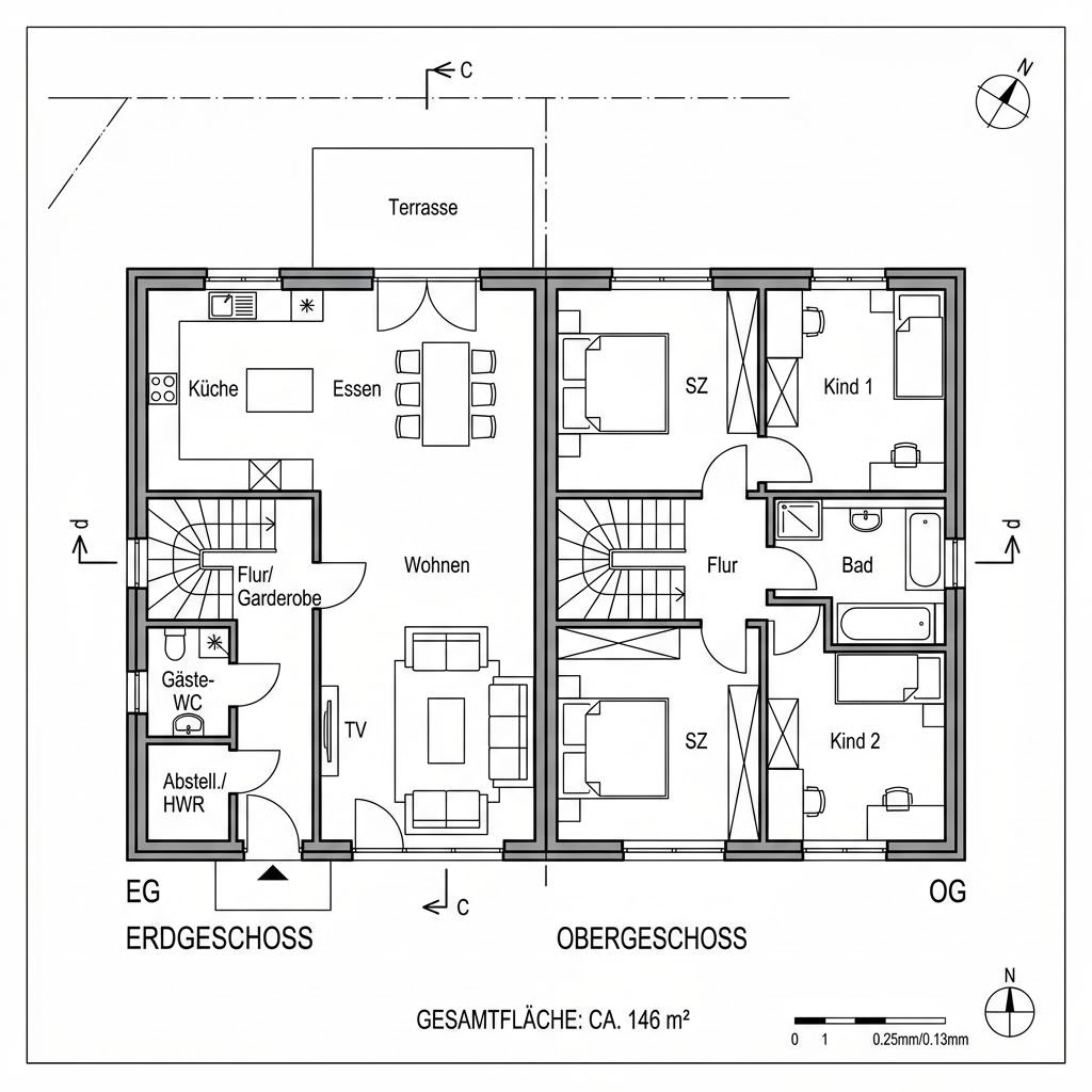 Grundriss Doppelhaus Syd 146 von Eksjöhus — 146 m², 5 Zimmer
