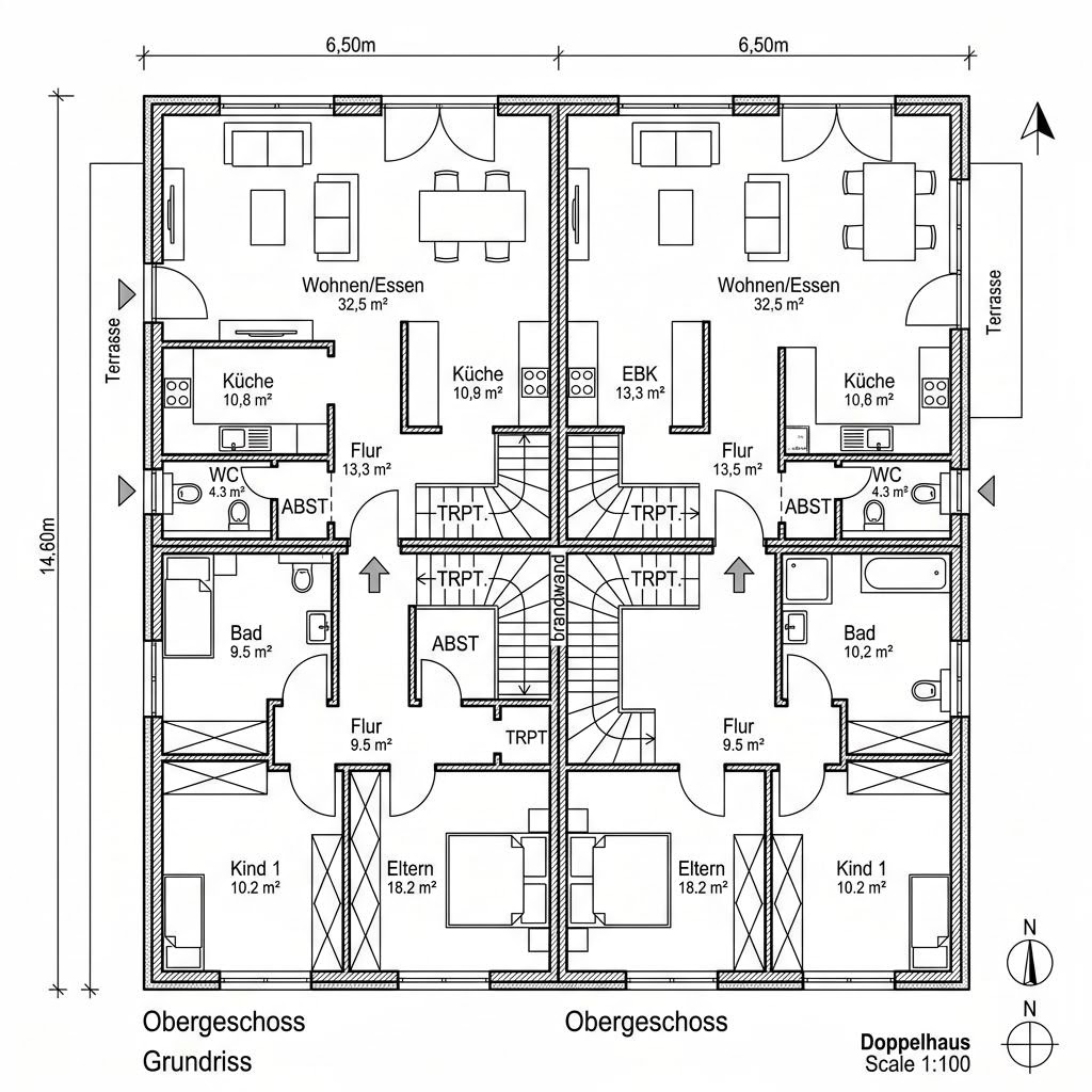 Grundriss Charakterhaus 190 Doppelhaus von Fertighaus WEISS — 190 m², 6 Zimmer