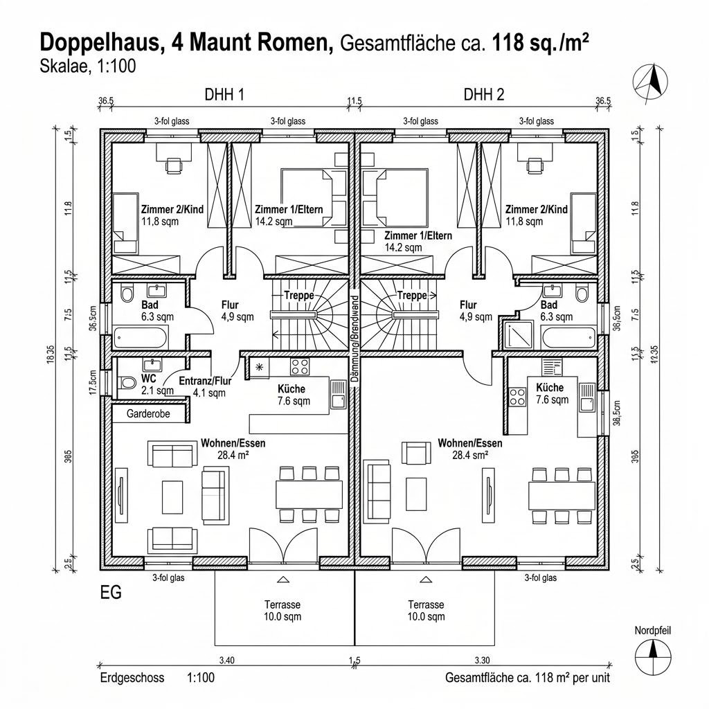 Grundriss Doppelhaus Erle 118 von Frammelsberger Holzhaus — 118 m², 4 Zimmer