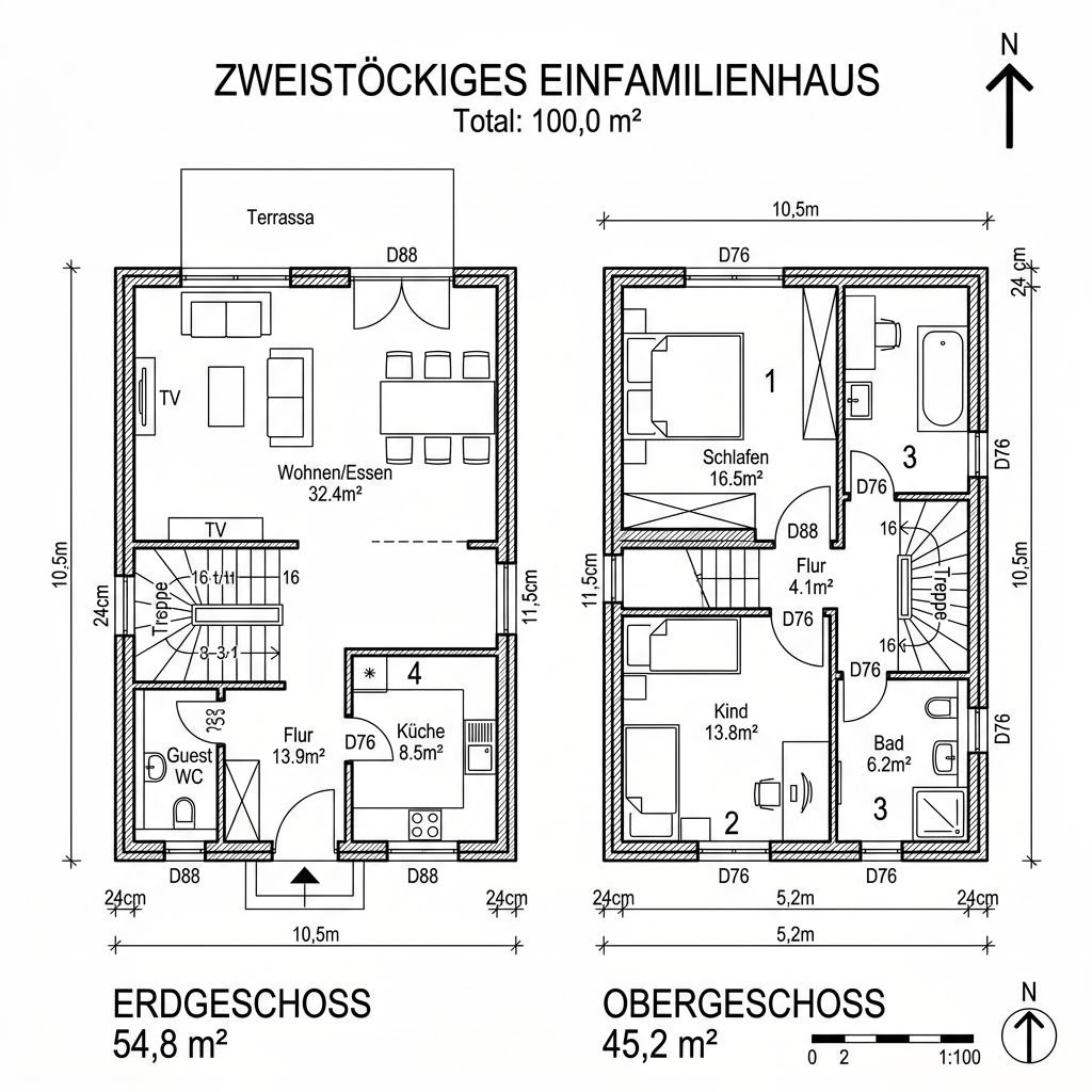 Grundriss Doppelhaus 100 von Hartl Haus — 100 m², 4 Zimmer
