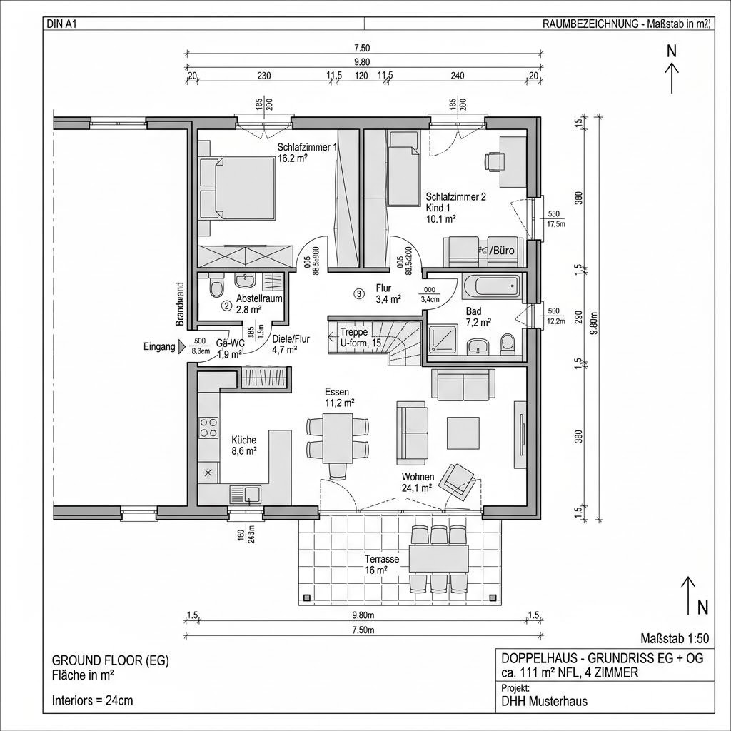 Grundriss Doppelhaus S454 – 111 m² Doppelhaus mit 4 Zimmern