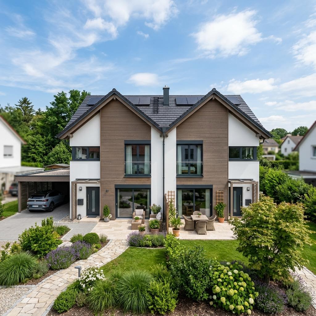 Doppelhaus Twin Flair 160 von Keitel-Haus — Holzfertighaus mit zwei Einheiten unter Satteldach