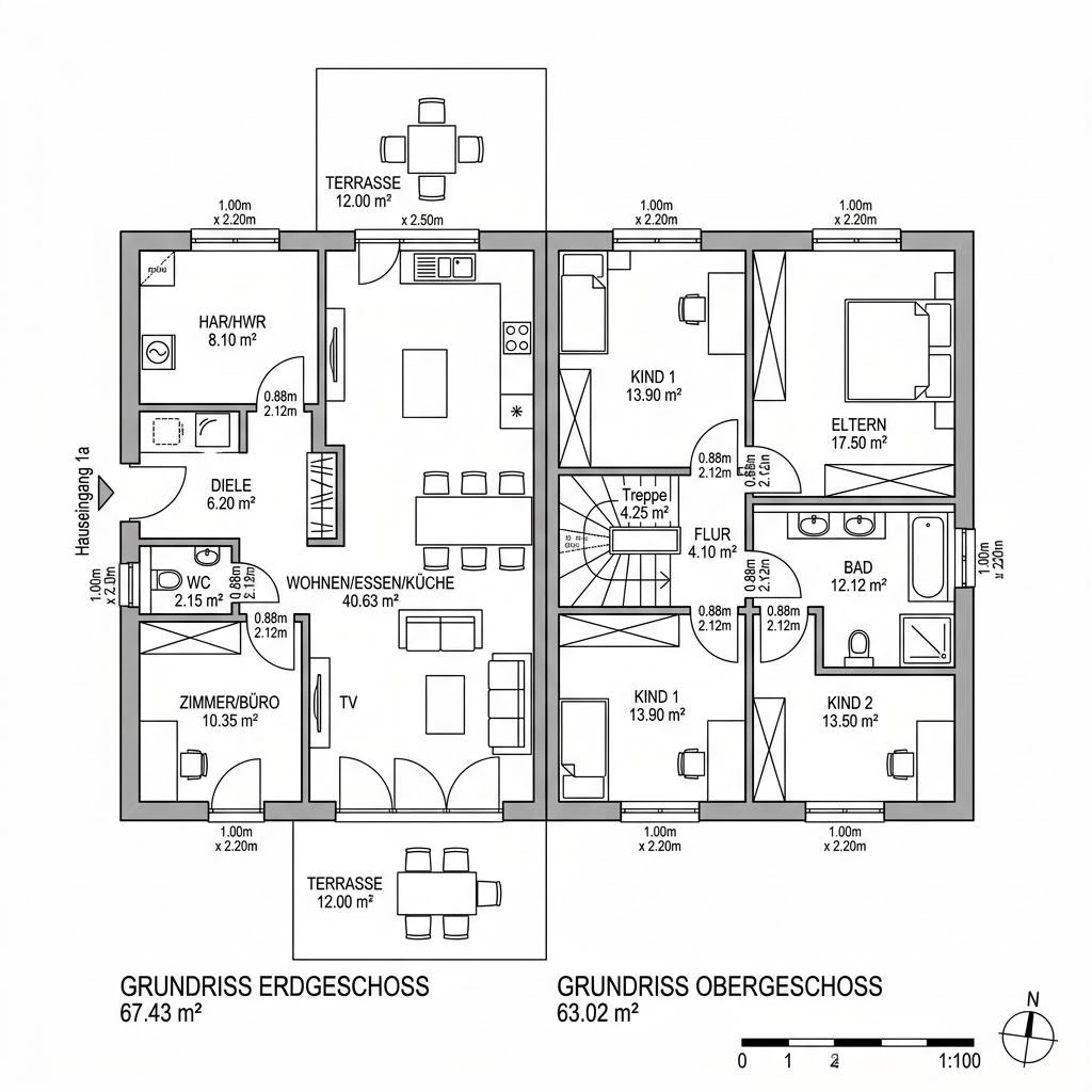 Grundriss Doppelhaus Twin – 130 m² Doppelhaus mit 5 Zimmern