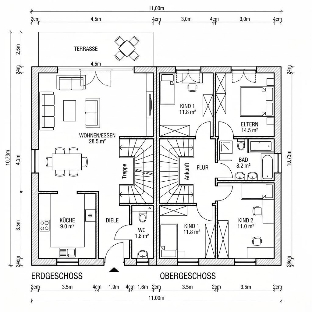 Grundriss Doppelhaus Trend 118 von OKAL Haus — 118 m², 4 Zimmer
