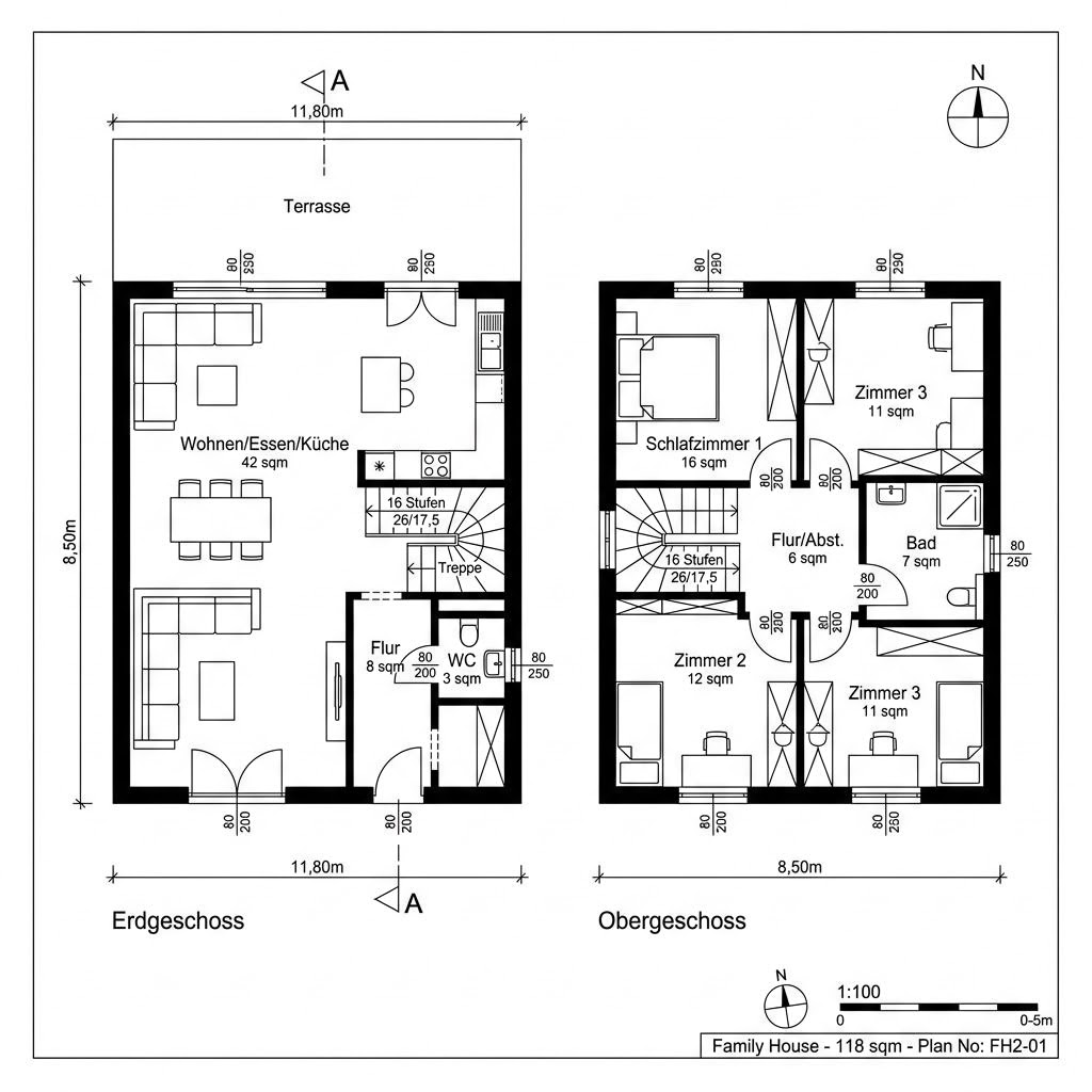 Grundriss Doppelhaus 118 von P & P Massivhaus — 118 m², 4 Zimmer