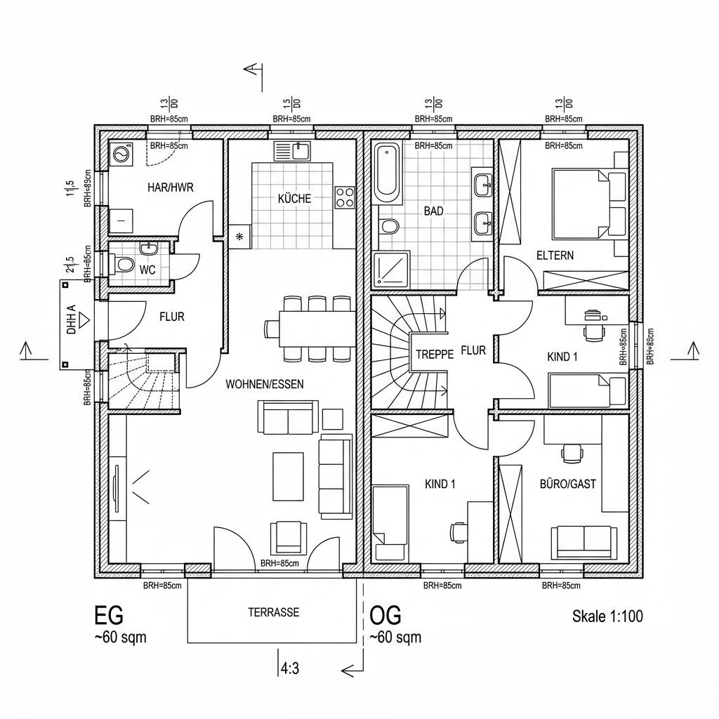 Grundriss Berlin Duett 120 von Roth-Massivhaus — 120 m², 4 Zimmer