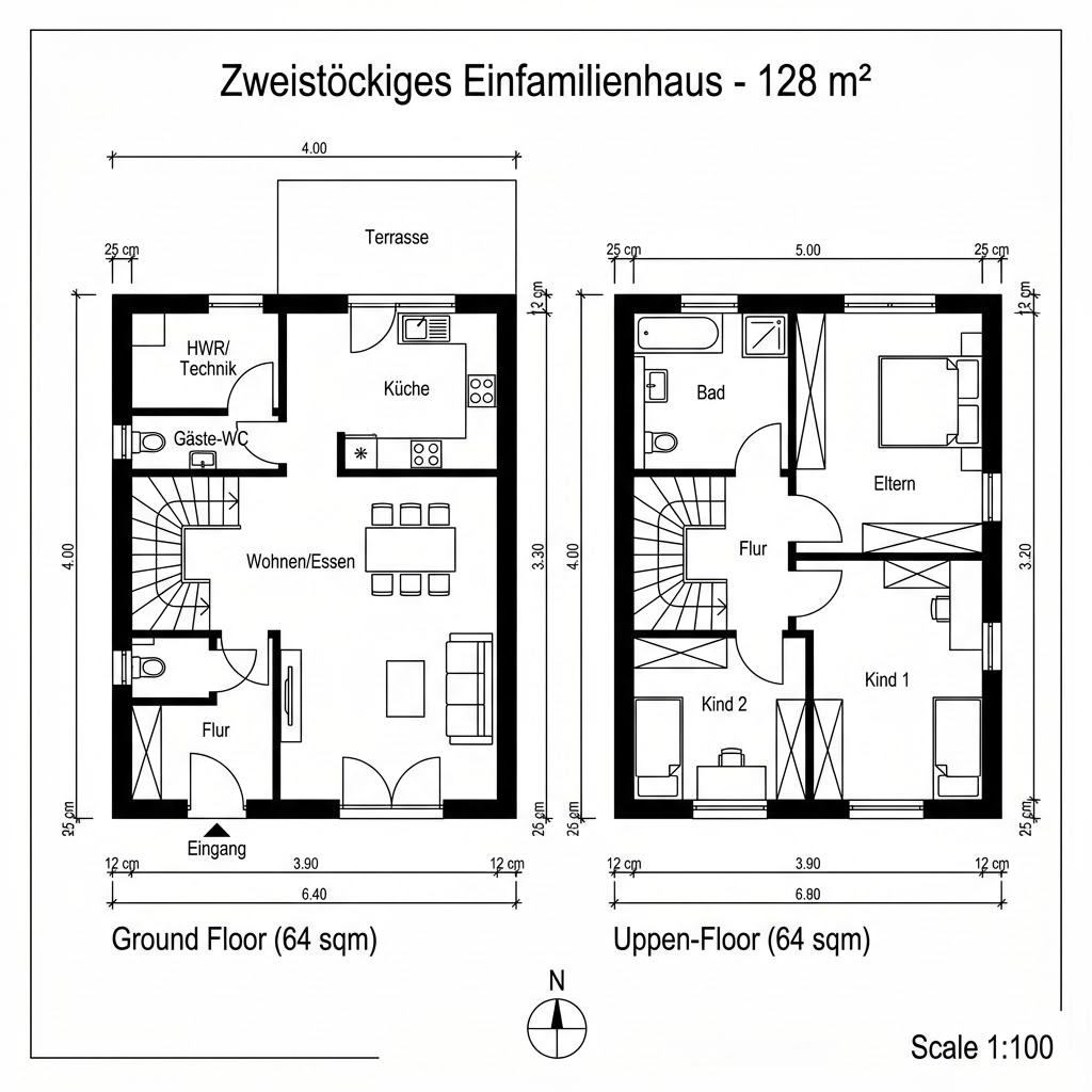 Grundriss Doppelhaus Wolf von Sonnleitner Holzbauwerke — 128 m², 4 Zimmer