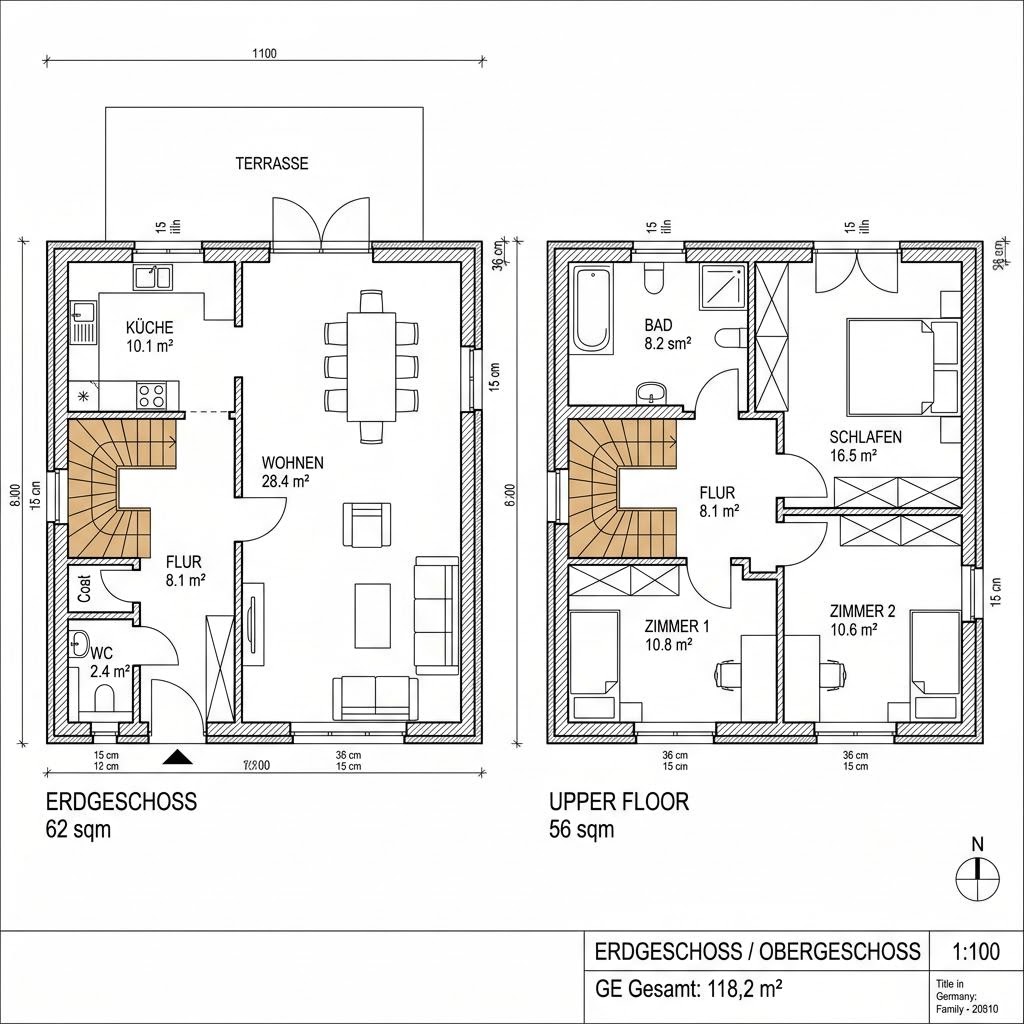 Grundriss Doppelhaus Option+ 118 von WeberHaus — 118 m², 4 Zimmer