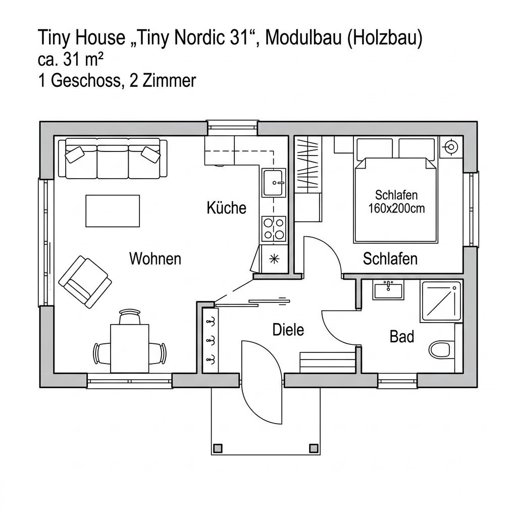 Grundriss Tiny Nordic 31 – 31 m² Tiny House mit 2 Zimmern