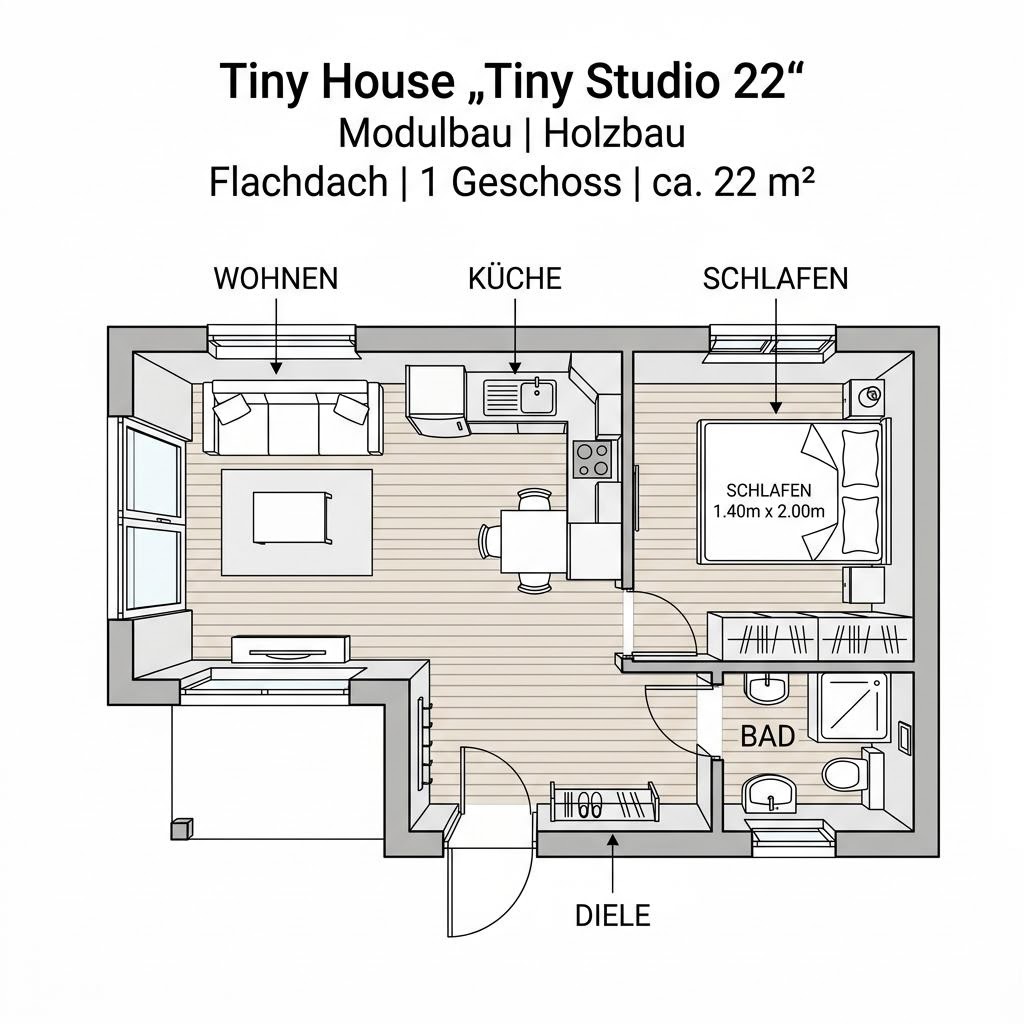 Grundriss Tiny Studio 22 – 22 m² Tiny House mit 1 Zimmern