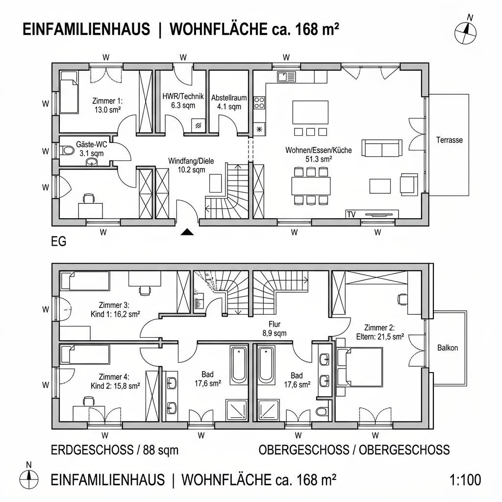 Grundriss Planungsbeispiel 168H20 von Bio-Solar-Haus — 168 m², 6 Zimmer