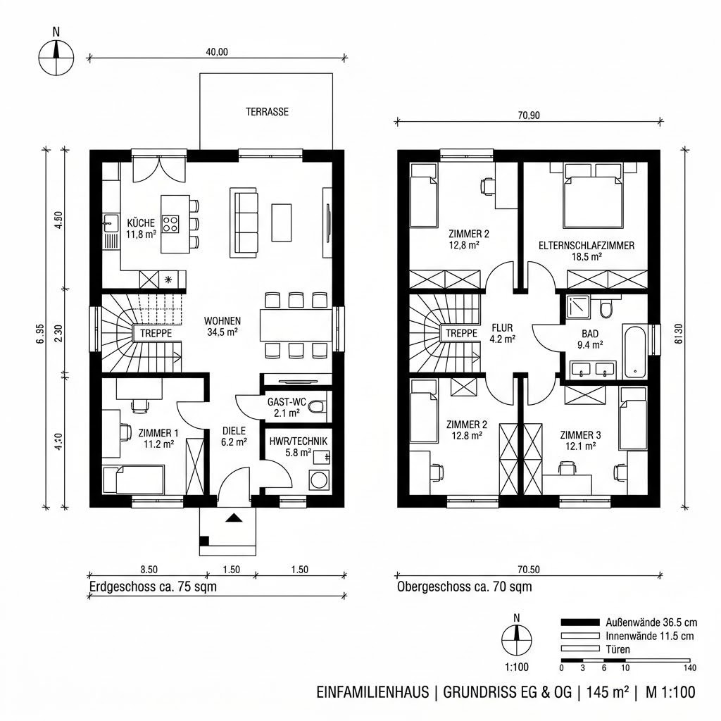 Grundriss Familienhaus Priental 145 von Chiemgauer Holzhaus — 145 m², 5 Zimmer