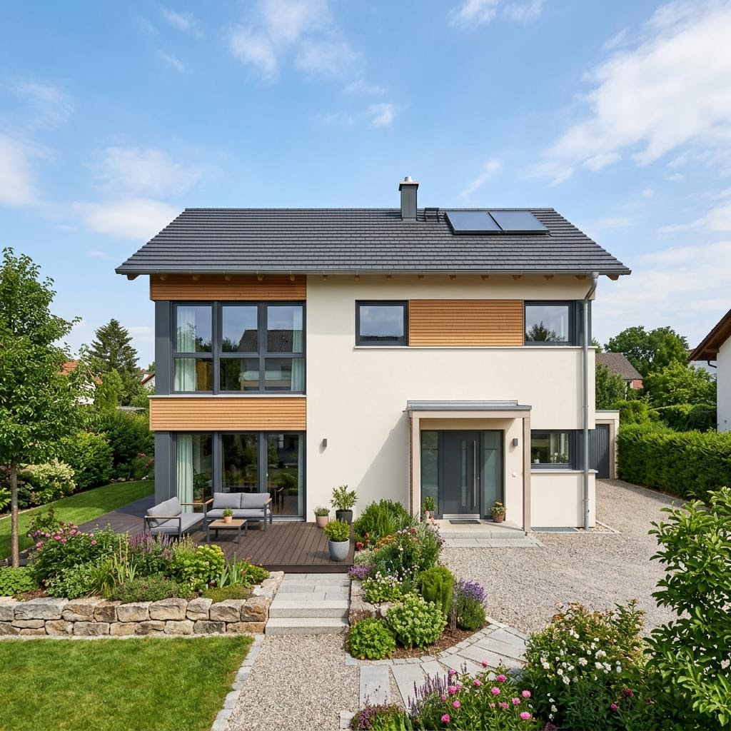 Einfamilienhaus Familienhaus Sattel 138 von Deutsche Neubau — Massivhaus mit Satteldach
