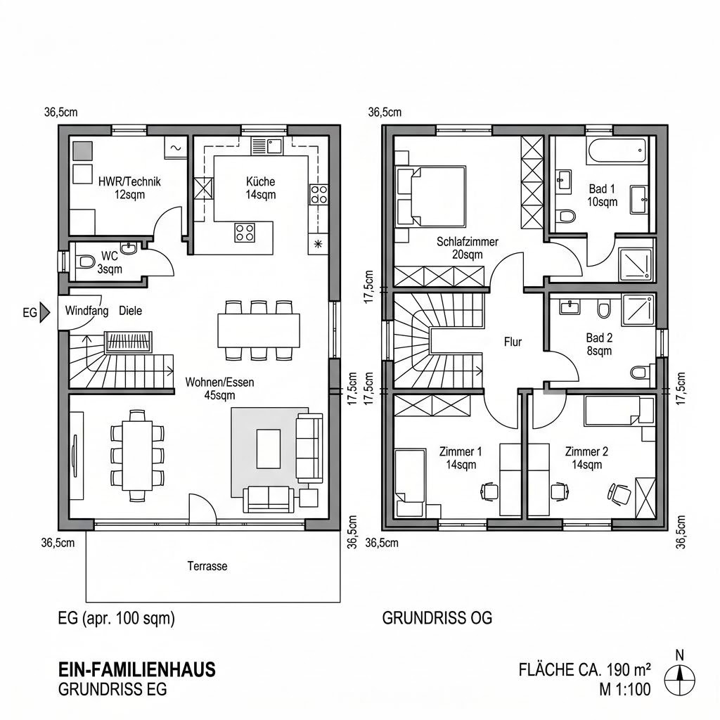 Grundriss Holzhaus Auwald 190 von ECO System HAUS — 190 m², 7 Zimmer