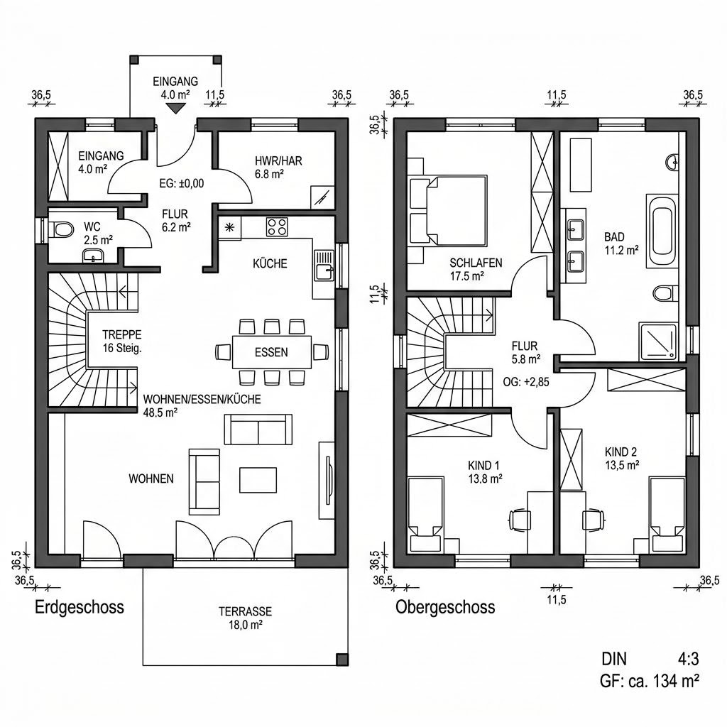 Grundriss Holzhaus Waldkante 134 von ECO System HAUS — 134 m², 5 Zimmer