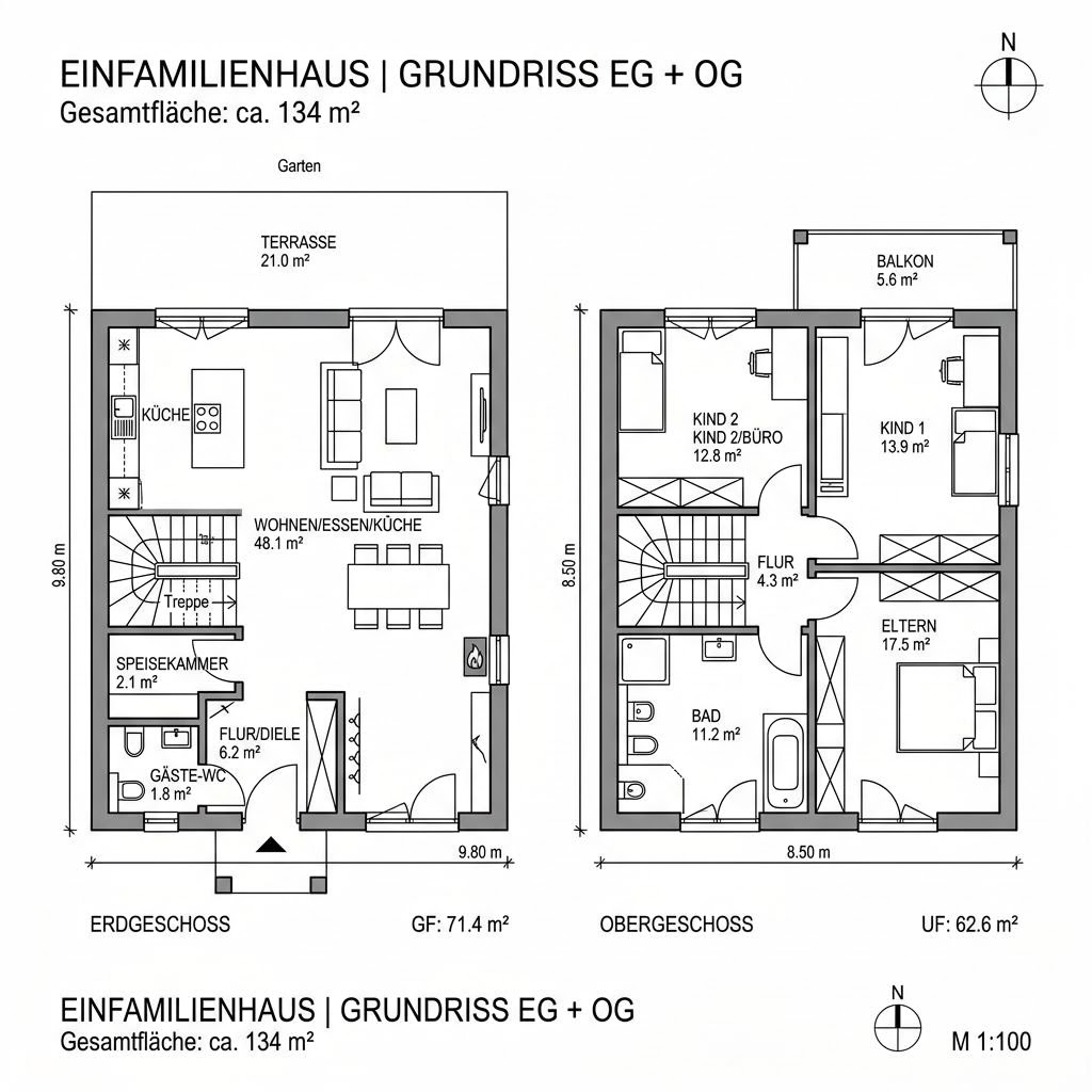 Grundriss Ökohaus 134 Walmdach von Fertighaus WEISS — 134 m², 5 Zimmer