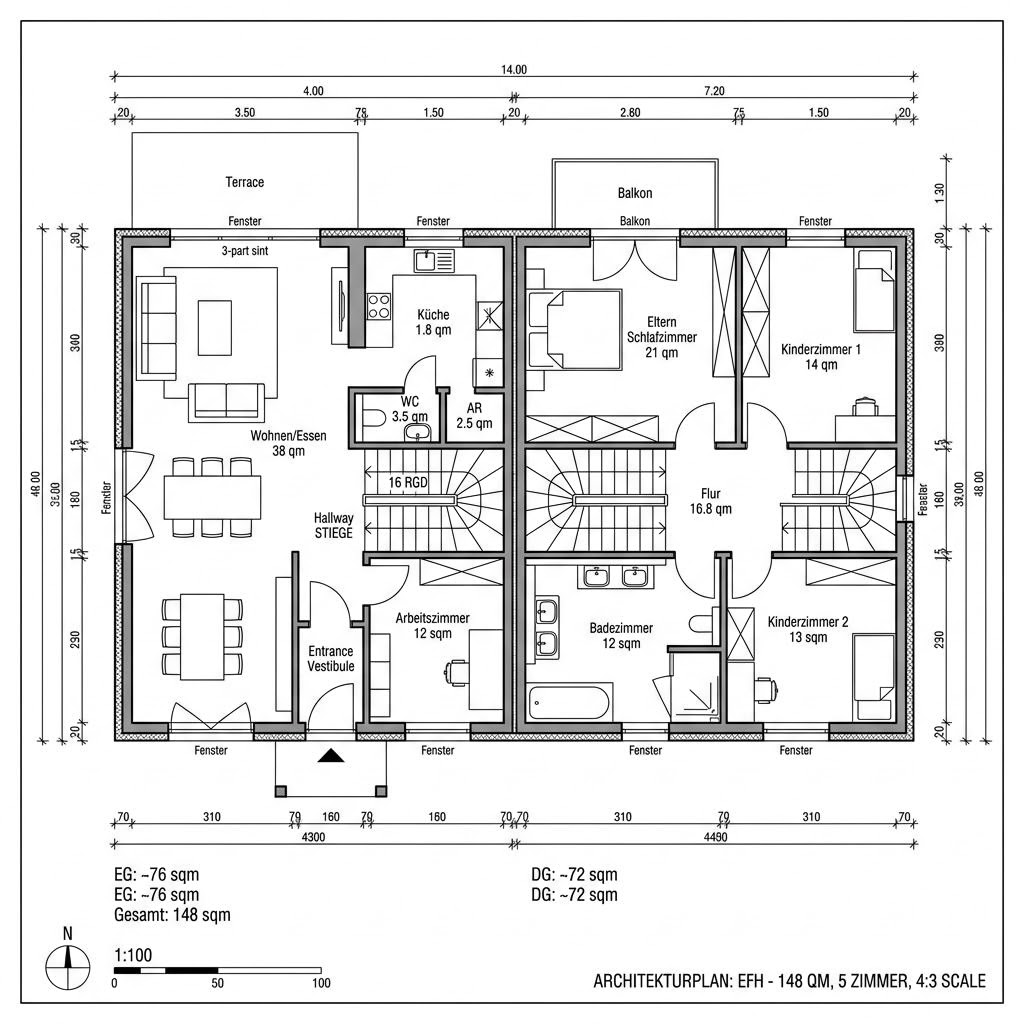 Grundriss Ökohaus 148 von Fertighaus WEISS — 148 m², 5 Zimmer