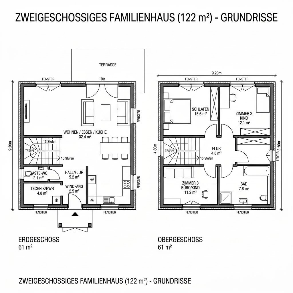Grundriss Familienhaus Fichte 122 von Frammelsberger Holzhaus — 122 m², 4 Zimmer