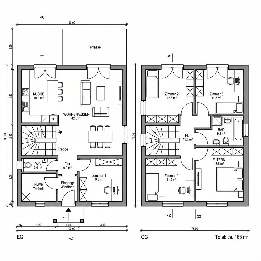 Grundriss Familienhaus Fichte 168 Ausbau von Frammelsberger Holzhaus — 168 m², 6 Zimmer