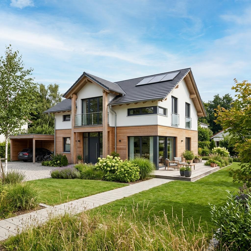 Einfamilienhaus Familienhaus Tanne 124 von Frammelsberger Holzhaus — kompaktes Holzhaus mit Satteldach und 124 m²