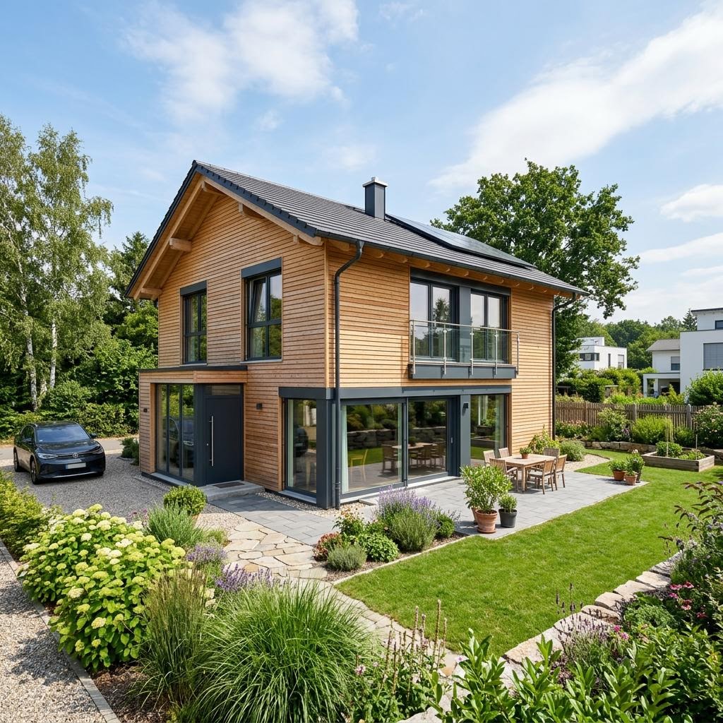 Einfamilienhaus Familienhaus Tanne 136 von Frammelsberger Holzhaus — Holzhaus mit Satteldach und 136 m²