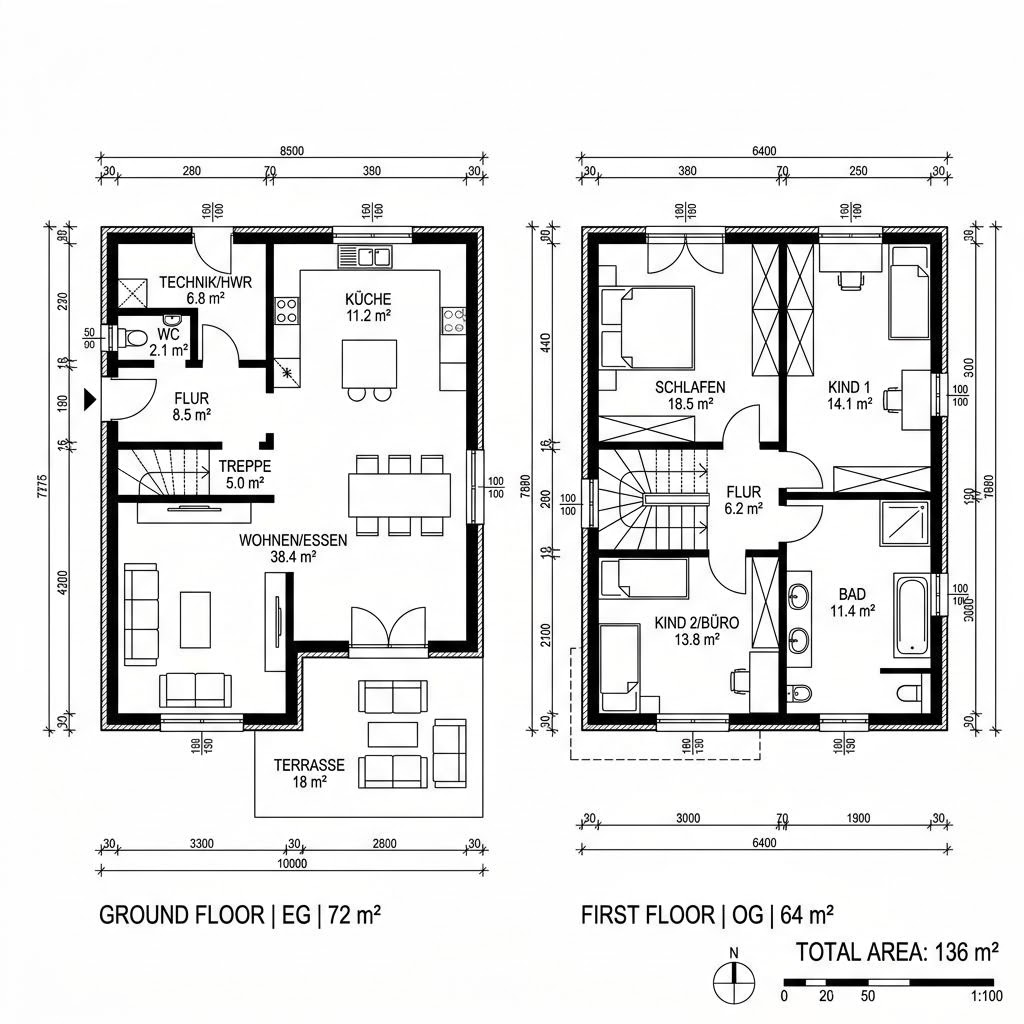 Grundriss Familienhaus Tanne 136 von Frammelsberger Holzhaus — 136 m², 5 Zimmer